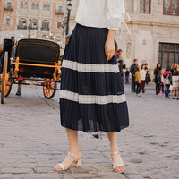 茵曼 1882110404 女装蕾丝边绣花撞色百褶裙