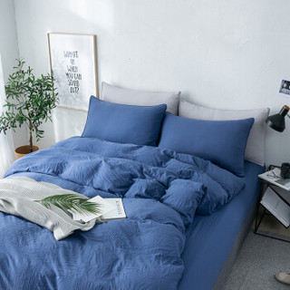 京造 水洗暖绒三件套纯色被套床单枕套磨毛单人床上用品套件 深蓝色