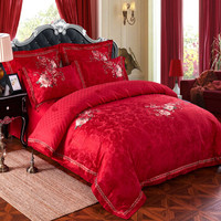 思侬家纺婚庆四件套提花刺绣大红色床单被套 1.8米1.5m床结婚婚礼床上用品 东方情缘红