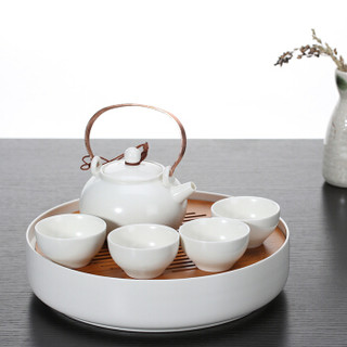洁雅杰旅行茶具套装6件套(1壶4杯1茶盘)陶瓷整套茶具套装提梁便携茶具套装 白色圆壶