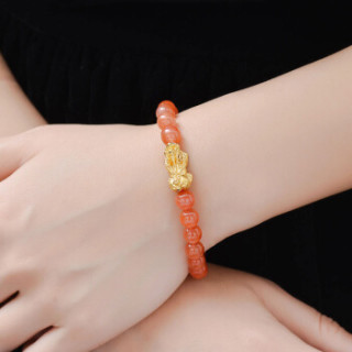 蒂蔻t0370招财貔貅黄金转运珠手链女士款自戴足金红玛瑙路路通手串3d