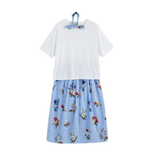 茵曼（INMAN）夏装小清新套装裙圆领T恤印花半身裙两件套女 18822|51267 蓝白条 XL