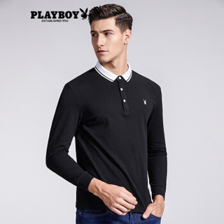 花花公子 PLAYBOY 新品2018秋冬款休闲时尚纯色长袖POLO衫 DH01180835 黑色 175/L/50