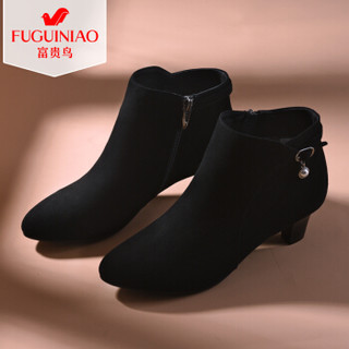 Fuguiniao 富贵鸟 女靴时尚百搭圆头细高跟英伦保暖舒适G89B009SC 黑色 35