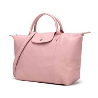 LONGCHAMP 珑骧 Le Pliage Cuir系列 藕粉色羊皮中号短柄可折叠手提单肩包 1515 737 A80