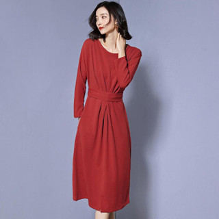 初申 气质长袖连衣裙中长款年春季新款纯色职业通勤修身打底裙子SWQZ191208 绣红色 XL