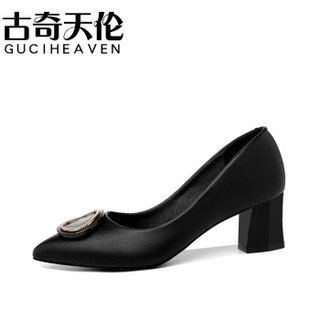 GUCIHEAVEN 古奇天伦 女士韩版尖头粗跟套脚纯色百搭职业单鞋 9281 黑色 37
