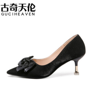 GUCIHEAVEN 古奇天伦 韩版休闲时尚尖头浅口低帮蝴蝶结装饰高跟防水台女单鞋子 9042 黑色 40