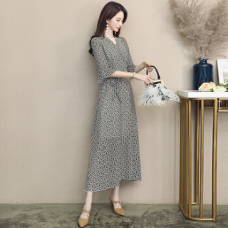 丝柏舍2019年春季新款女装韩版v领七分袖长款印花雪纺喇叭袖气质连衣裙 S81R0741LA4L 绿色 L