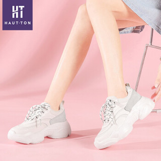 Haut Ton 皓顿 休闲小白鞋女潮流时尚系带运动板NXYD018 白色 36