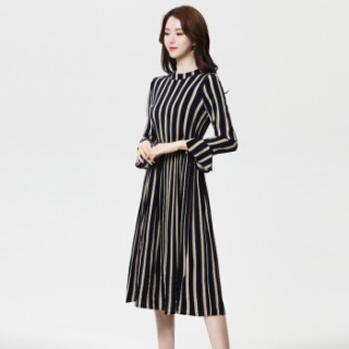 丝柏舍2019年春季新款女装时尚简约圆领气质高腰条纹中长连衣裙 S81R0953LA5M 蓝色 M