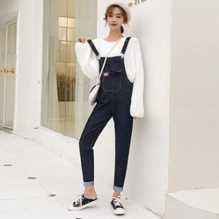 城加(CITYPLUS) 2019新款背带裤女九分宽松弹性小脚高腰背带学生裤CWKN191171深蓝色M