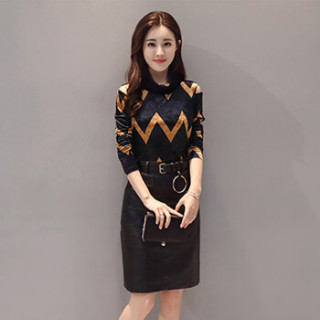 米兰茵 MILANYIN 女装 2019新款春季皮连衣裙女修身高领打底皮裙送腰带 ML19094 黄色 2XL