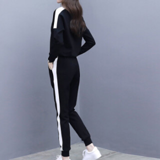 MAX WAY 女装 2019年春季新款韩版潮学生宽松圆领长袖显瘦跑步服卫衣两件套 MWYH090 黑色 S