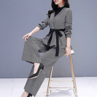 米兰茵 MILANYIN 女装 2019春季时尚简约条纹优雅时尚修身上衣+裤子两件套 ML19105 图片色 XL