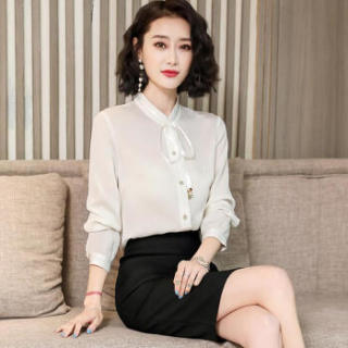 仙丫 2019春季新款女装新品衬衫女桑蚕丝真丝长袖韩版显瘦蝴蝶结衬衣飘带款上衣 yzasC-18 雅黑色 XXL