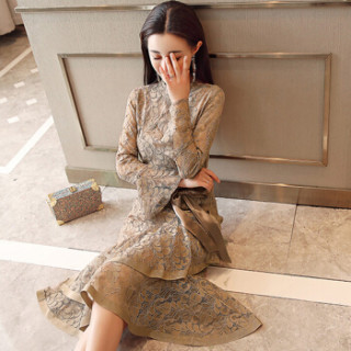 米兰茵(MILANYIN)女装 2019年春季褶皱潮流休闲时尚清纯甜美优雅鱼尾裙连衣裙 ML19057 卡其色 XL