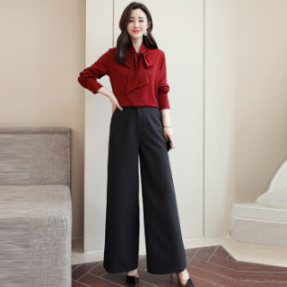 米兰茵(MILANYIN)女装 2019年春季时尚潮流舒适简约个性纯色优雅长袖套装长裤休闲裤 ML19179 酒红色 2XL
