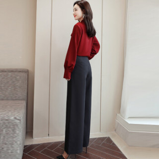 米兰茵(MILANYIN)女装 2019年春季时尚潮流舒适简约个性纯色优雅长袖套装长裤休闲裤 ML19179 酒红色 2XL