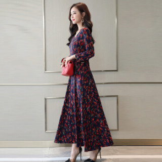 米兰茵(MILANYIN)女装 2019年春季绣花V领时尚袖口潮流气质优雅简约长款连衣裙 ML19171 红色花 XL