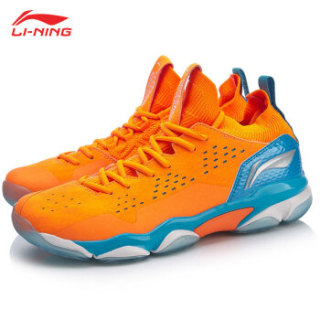 LI-NING 李宁 羽毛球系列 全新音爆2.0男子一体织袜套缓震耐磨防滑羽毛球专业鞋 AYZP001-1 荧光橙 43.5码