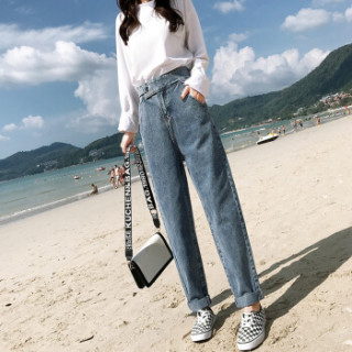 仙丫 2019春季新款女装新品牛仔裤女韩版时尚复古女式高腰宽松哈伦毛边显瘦长裤 cchHG501 灰色 32