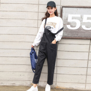 JOY OF JOY 京东女装2019春秋宽松牛仔背带裤复古港味风百搭女裤潮 JWKN191368 黑色 M