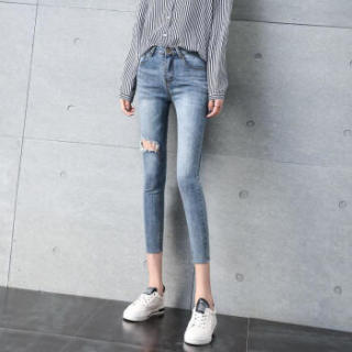 维迩旎 2019春季新款女装新品破洞牛仔裤不规则毛边修身显瘦小脚裤 zx1113-8252 蓝色 破洞 XL