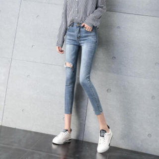 维迩旎 2019春季新款女装新品破洞牛仔裤不规则毛边修身显瘦小脚裤 zx1113-8252 蓝色 破洞 XL