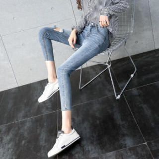 维迩旎 2019春季新款女装新品破洞牛仔裤不规则毛边修身显瘦小脚裤 zx1113-8252 蓝色 破洞 XL