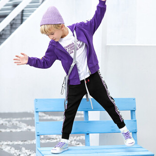 一贝皇城男童外套2019春款韩版短款开衫条纹运动风新品上衣 1119107016 紫色 170cm