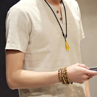 俞兆林（YUZHAOLIN）T恤套装 男士时尚潮流棉麻纯色V领短袖套装A082-A24杏色M