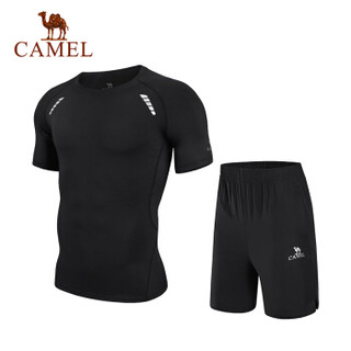 骆驼（CAMEL）瑜伽运动套装男款上衣短袖跑步训练T恤两件套装健身服 J9S206617 黑色 L