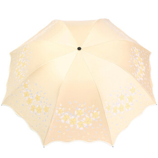 天堂伞 全遮光碰击黑胶花儿公主三折晴雨伞33400E桔黄色