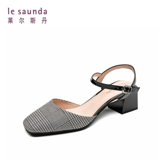 le saunda 莱尔斯丹 方头浅口粗中跟扣带式格子时尚凉鞋女 LS AM41602 黑色+白色 39