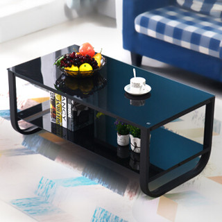 雅美乐茶几 现代简约双层钢化玻璃茶几桌 烤漆黑腿黑面 YCJS86 100*50CM