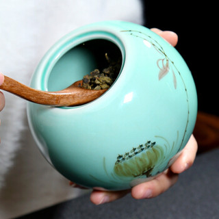 茶叶罐陶瓷便携普洱茶罐大号茶叶盒储茶罐青瓷功夫茶具配件 清莲（心）