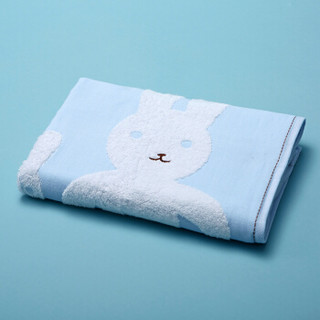 亚光 浴巾 出口日本 纯棉色织提花浴巾 超柔软吸水 儿童毛巾被 幸福雪兔 蓝色 60*120cm