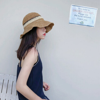 MAXVIVI 遮阳帽子夏季户外旅游沙滩手工编织草帽女士太阳帽WMZ823019 卡其