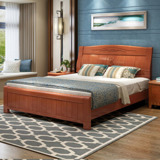 欧宝美实木床新中式卧室床婚床单人床双人床橡木床1.8米海棠色