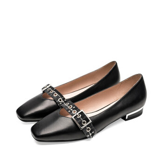 le saunda 莱尔斯丹 时尚优雅圆头皮带扣套脚粗跟低跟女单鞋 LS 9T25020 黑色 37