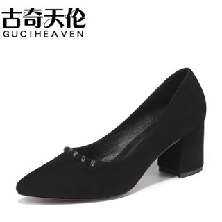 GUCIHEAVEN 古奇天伦 尖头浅口方跟低帮套脚金属装饰休闲时尚防水台女单鞋子 8894 黑色 36