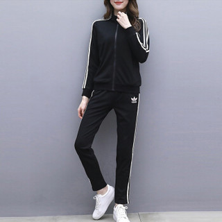 MAX WAY 女装 2019年春季新款韩版显瘦修身跑步卫衣拉链外套两件套 MWYH088 黑色+黑裤 XL