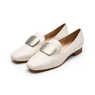 le saunda 莱尔斯丹 时尚优雅通勤圆头套脚搭扣粗低跟女奶奶单鞋LS AM12903 白色 36