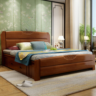 欧宝美实木床新中式卧室床婚床单人床双人床橡木床1.2米高箱款胡桃色