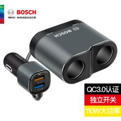 博世汽车载充电器一拖二 12V/24V通用 双点烟器孔USB车充头QC3.0快充 点烟器充电 一拖二车充PS500