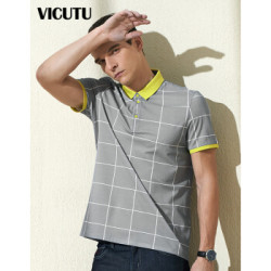 威可多VICUTU男士短袖t恤男夏季时尚修身棉丝混纺翻领t恤男 VRW16263986* 灰白格 170/88A/M