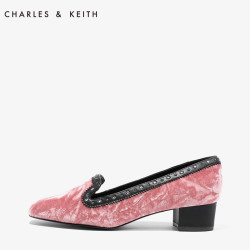 CHARLES&KEITH单鞋CK1-60920058-1 欧美丝绒铆钉方头女士中跟鞋