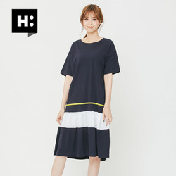 H:CONNECT夏季新款连衣裙韩版圆领短袖休闲条纹拼色褶皱裙子
