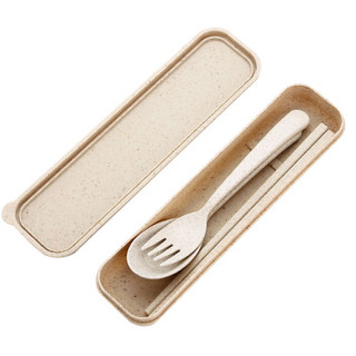 欣沁创意旅行勺子筷子叉子 小麦秸盒儿童可爱学生便携餐具三件套装北欧米